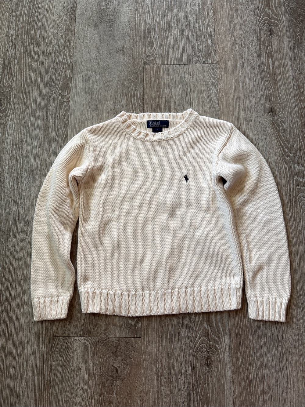 Polo by Ralph Lauren Cream Knit Crewneck Sweater with Navy Pony boys